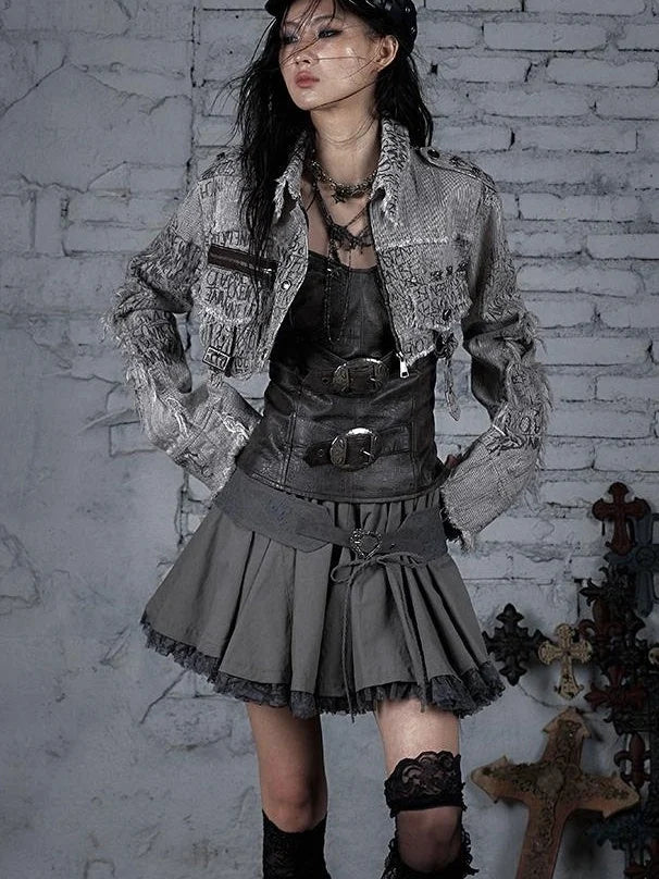 Street Punk Distressed Washed Cropped Striped Jacket Spring Coat