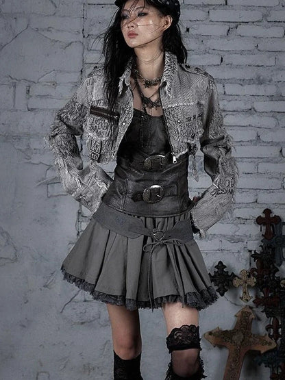 Street Punk Distressed Washed Cropped Striped Jacket Spring Coat