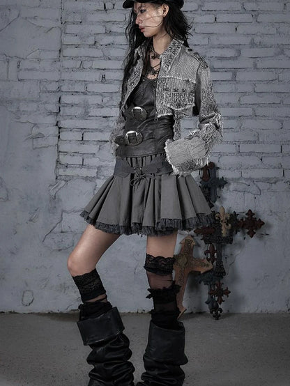 Street Punk Distressed Washed Cropped Striped Jacket Spring Coat