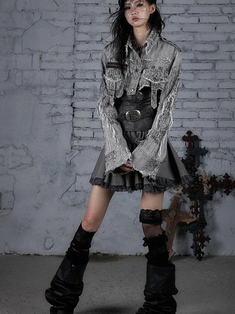 Street Punk Distressed Washed Cropped Striped Jacket Spring Coat