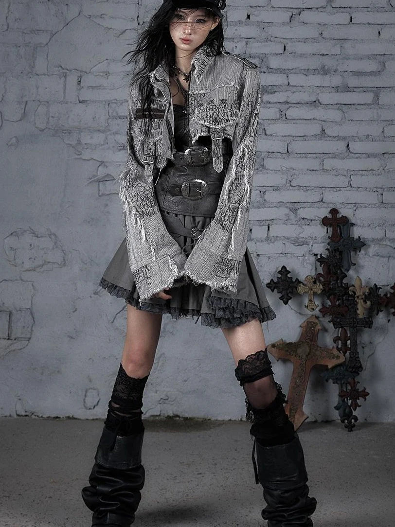 Street Punk Distressed Washed Cropped Striped Jacket Spring Coat