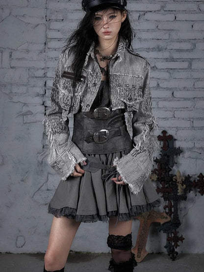 Street Punk Distressed Washed Cropped Striped Jacket Spring Coat