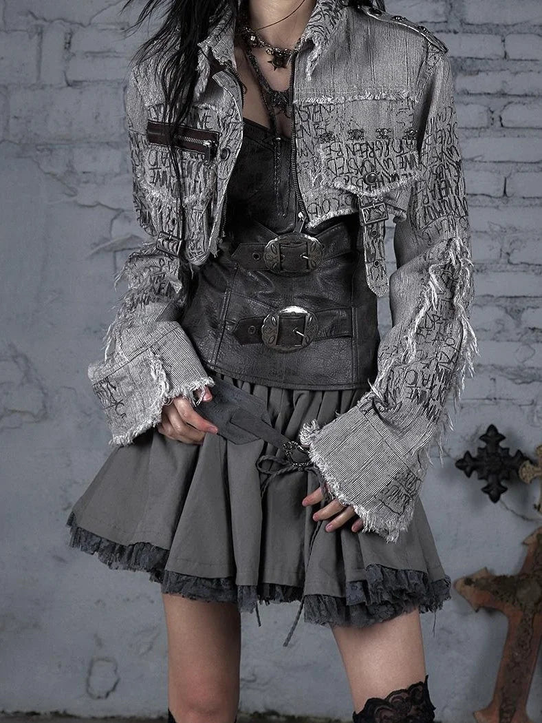 Street Punk Distressed Washed Cropped Striped Jacket Spring Coat