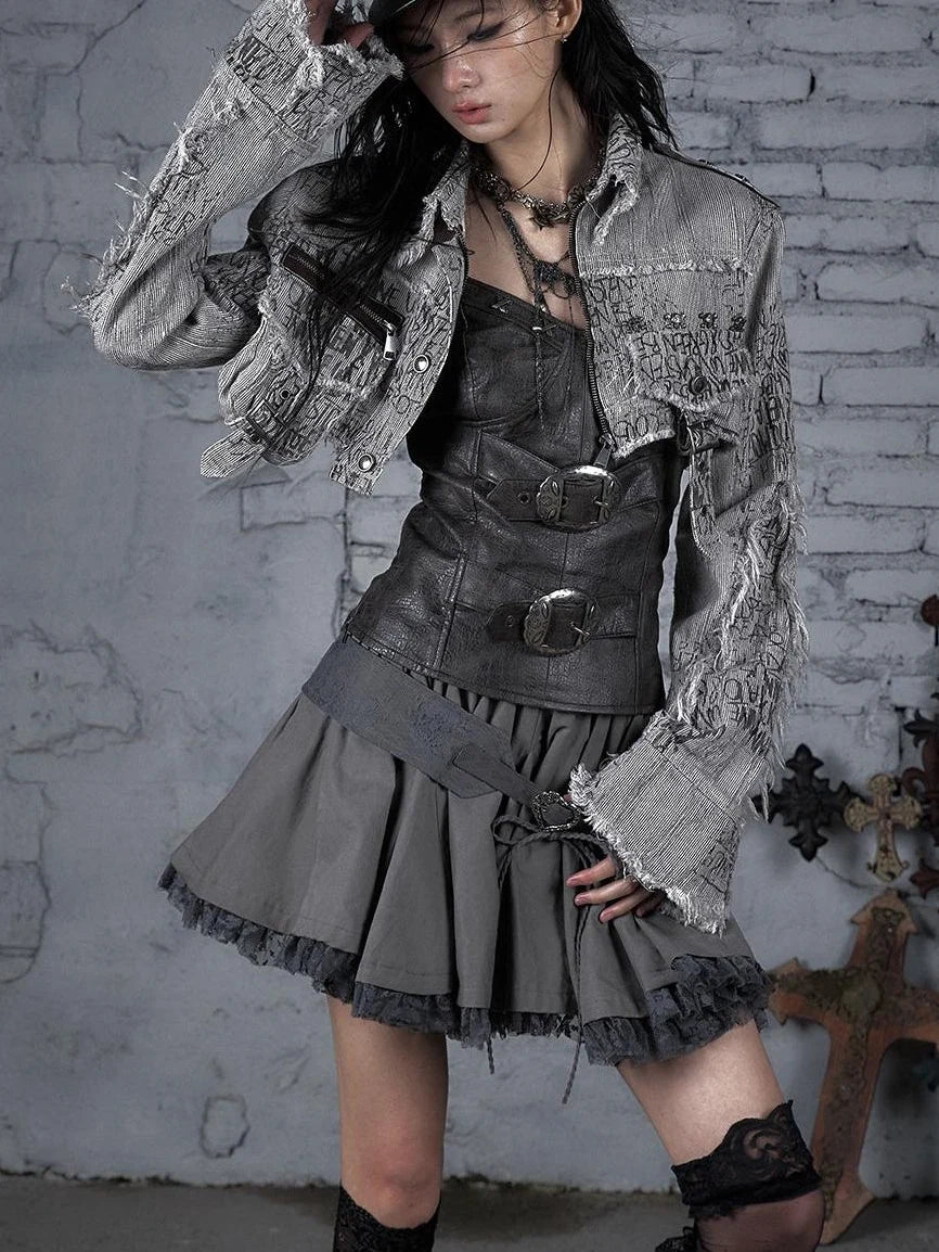 Street Punk Distressed Washed Cropped Striped Jacket Spring Coat