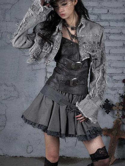 Street Punk Distressed Washed Cropped Striped Jacket Spring Coat