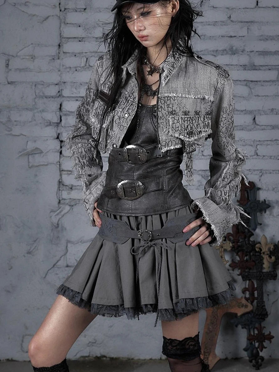 Street Punk Distressed Washed Cropped Striped Jacket Spring Coat