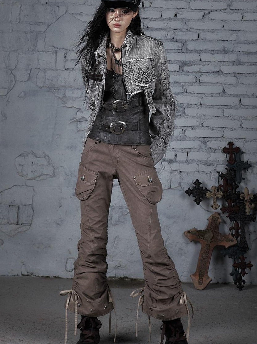 Street Punk Distressed Washed Cropped Striped Jacket Spring Coat