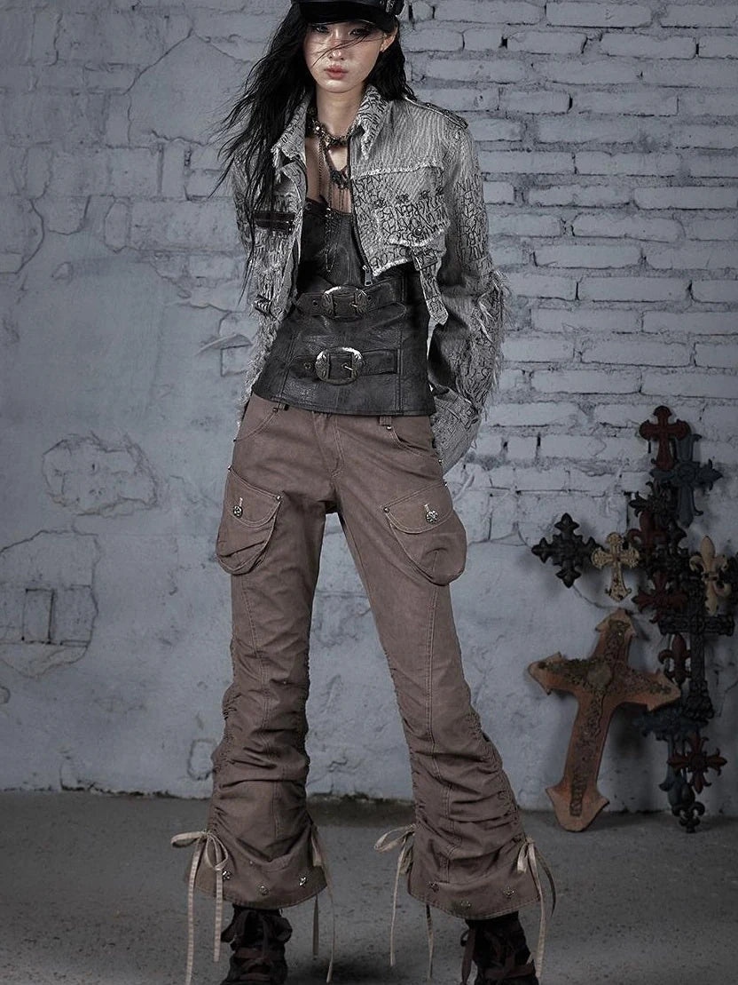 Street Punk Distressed Washed Cropped Striped Jacket Spring Coat