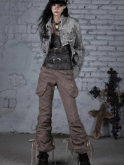 Street Punk Distressed Washed Cropped Striped Jacket Spring Coat