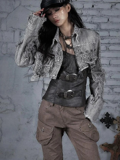 Street Punk Distressed Washed Cropped Striped Jacket Spring Coat