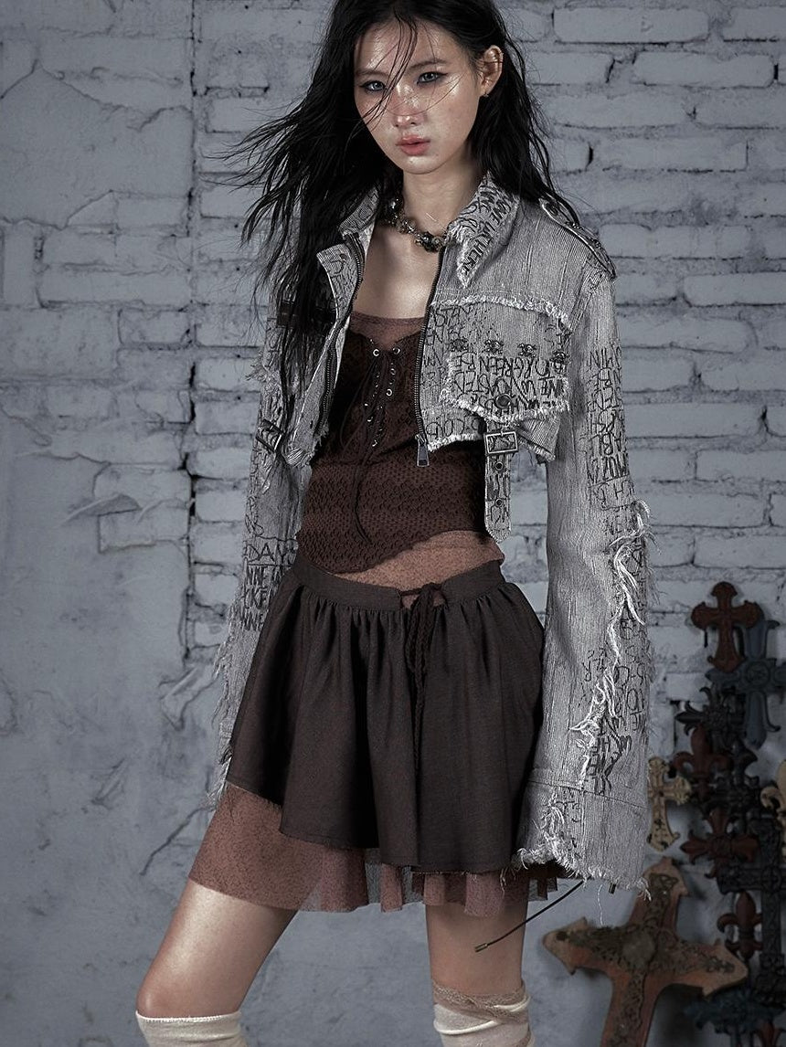 Street Punk Distressed Washed Cropped Striped Jacket Spring Coat