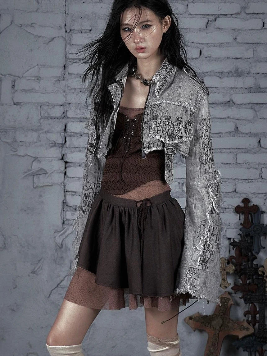 Street Punk Distressed Washed Cropped Striped Jacket Spring Coat