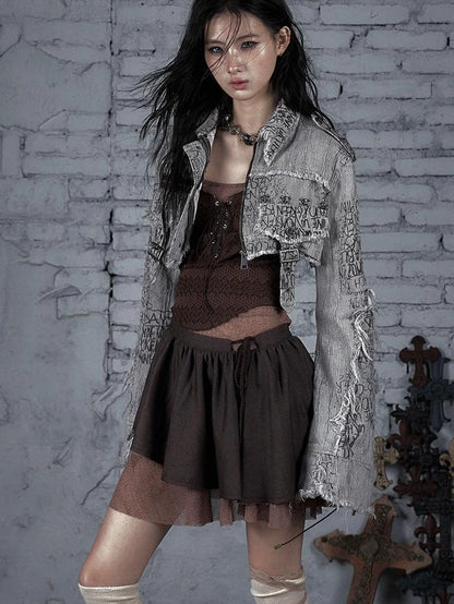 Street Punk Distressed Washed Cropped Striped Jacket Spring Coat