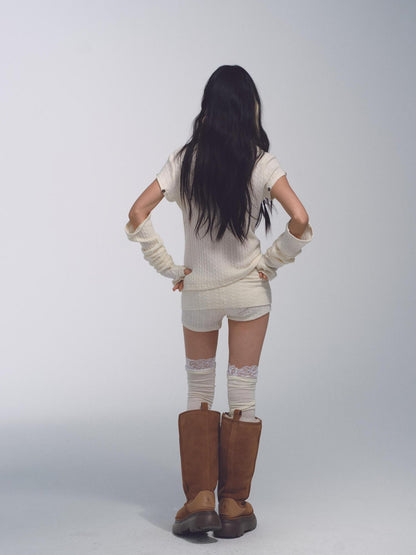 NONAME SPACE Stretch Cable Knit Suit With Detachable Sleeves And Deform Neckline