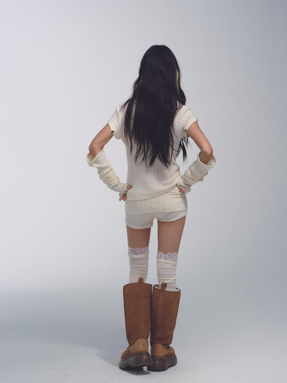NONAME SPACE Stretch Cable Knit Suit With Detachable Sleeves And Deform Neckline