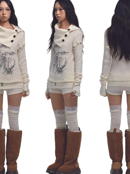 NONAME SPACE Stretch Cable Knit Suit With Detachable Sleeves And Deform Neckline