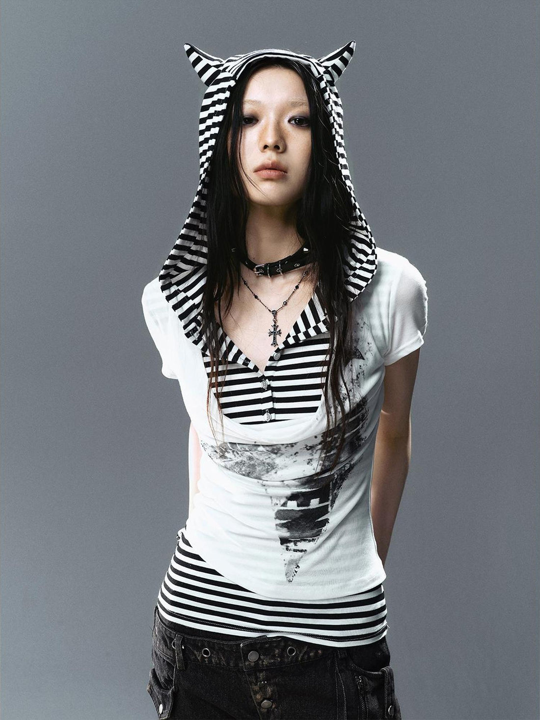 Cest Nous Striped Cat Ear Hooded Layered T-Shirt Women