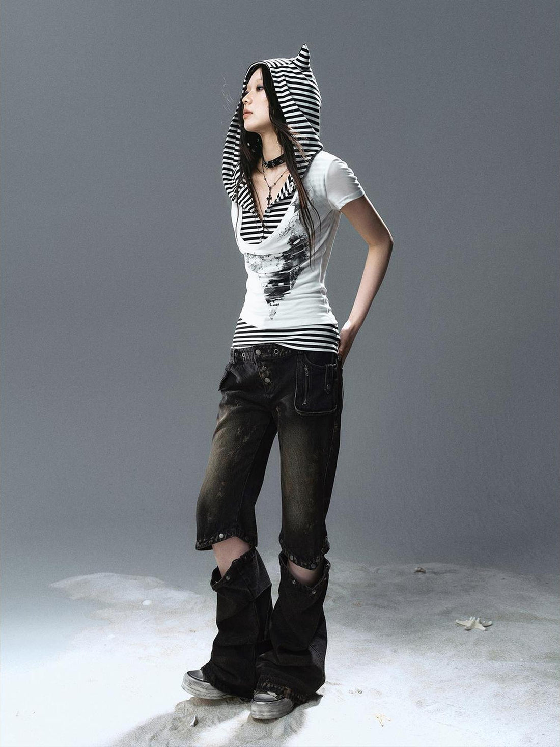 Cest Nous Striped Cat Ear Hooded Layered T-Shirt Women