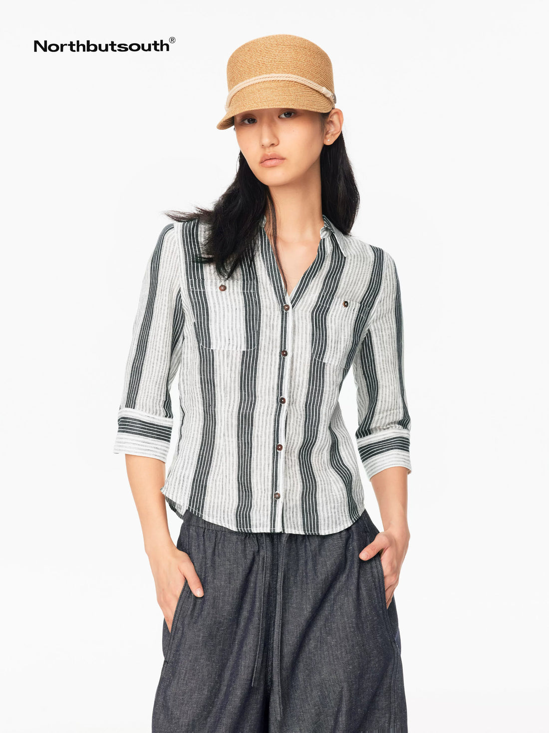 Striped Cinched Waist V-neck Rolled Mid Sleeve Women&