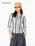 Striped Cinched Waist V-neck Rolled Mid Sleeve Women&