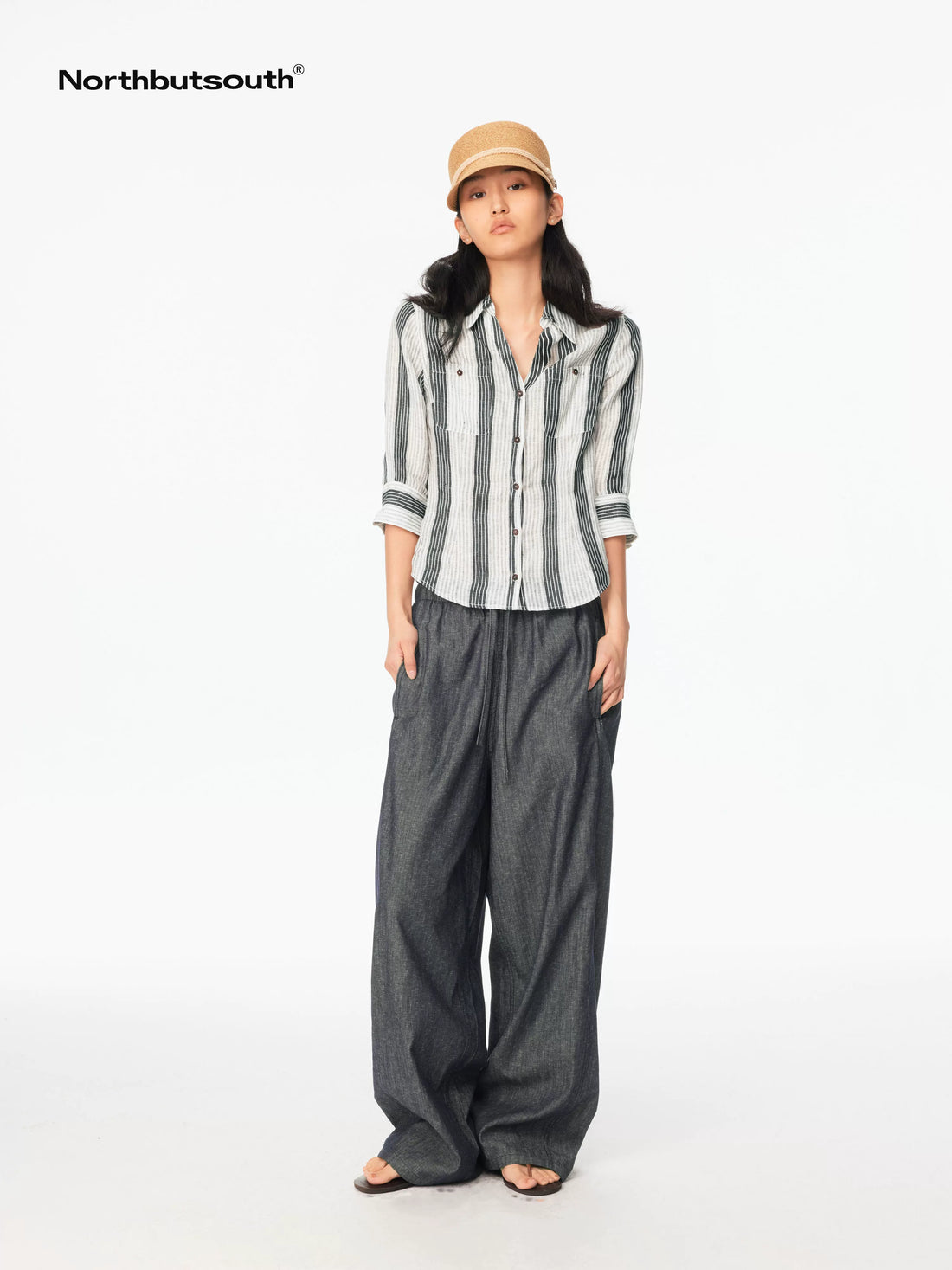 Striped Cinched Waist V-neck Rolled Mid Sleeve Women&