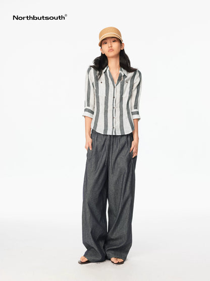 Striped Cinched Waist V-neck Rolled Mid Sleeve Women&