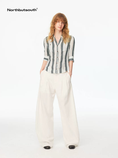 Striped Cinched Waist V-neck Rolled Mid Sleeve Women&