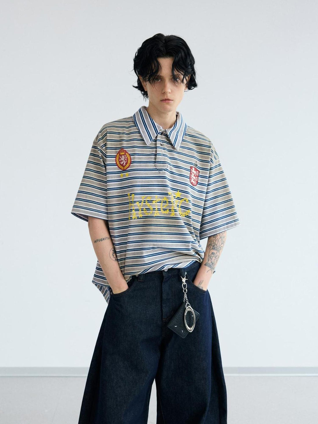 PEOPLESENSE Striped Dirty Wash Resin Button Polo Tee Loose Fit