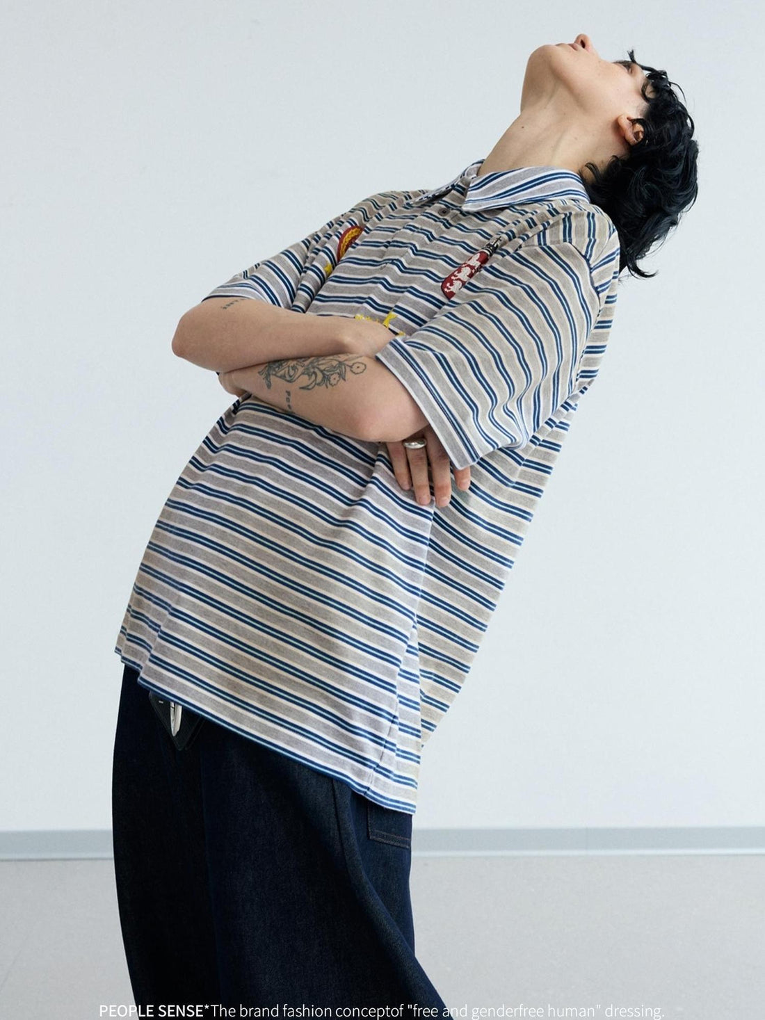 PEOPLESENSE Striped Dirty Wash Resin Button Polo Tee Loose Fit