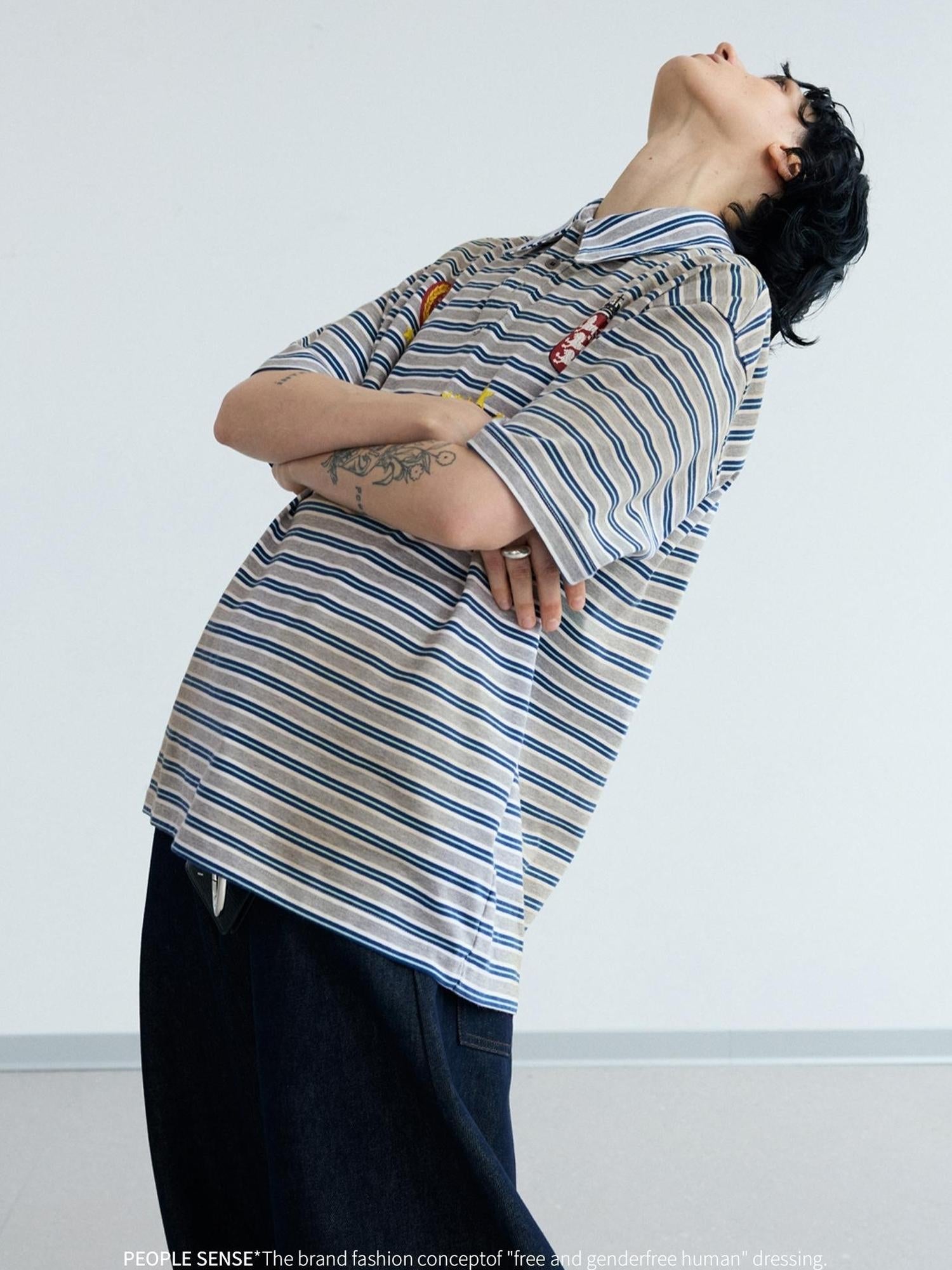 PEOPLESENSE Striped Dirty Wash Resin Button Polo Tee Loose Fit