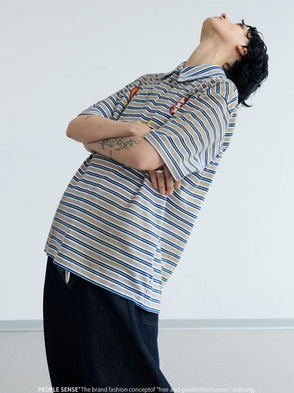 PEOPLESENSE Striped Dirty Wash Resin Button Polo Tee Loose Fit