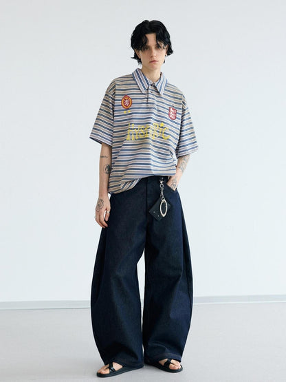 PEOPLESENSE Striped Dirty Wash Resin Button Polo Tee Loose Fit
