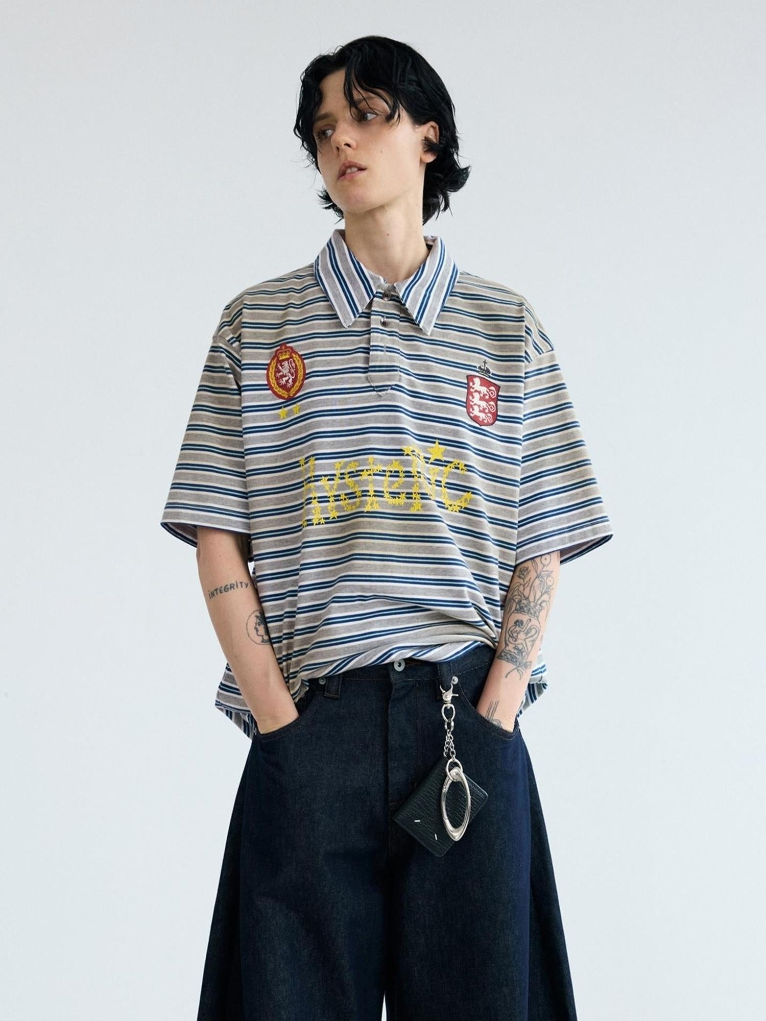 PEOPLESENSE Striped Dirty Wash Resin Button Polo Tee Loose Fit