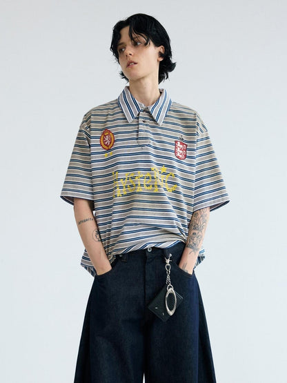 PEOPLESENSE Striped Dirty Wash Resin Button Polo Tee Loose Fit