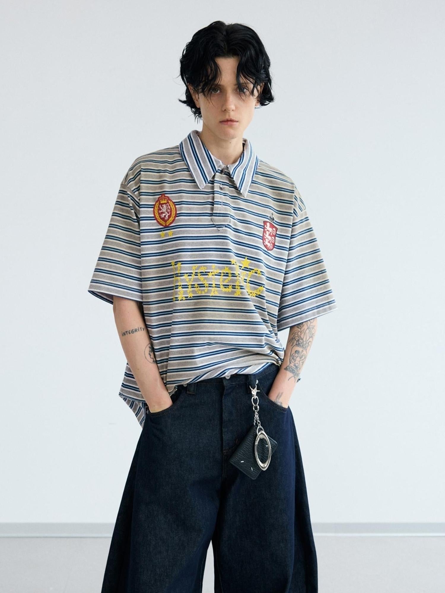 PEOPLESENSE Striped Dirty Wash Resin Button Polo Tee Loose Fit