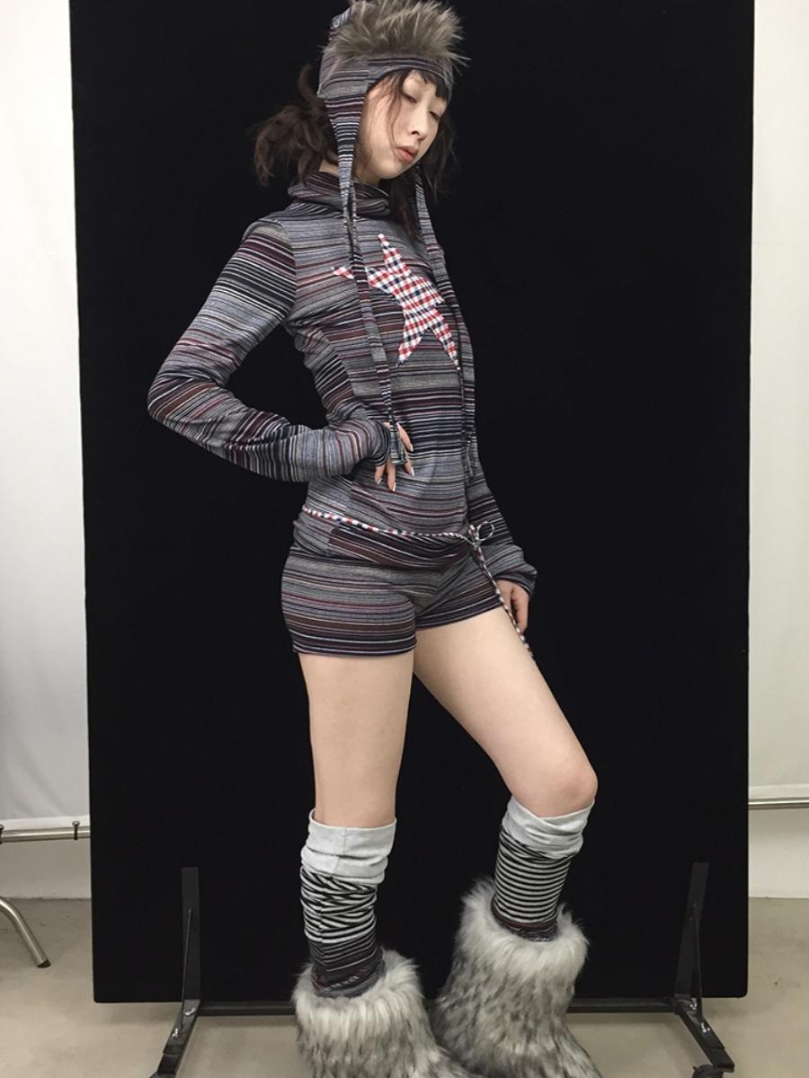Striped Knit Slim Soft Skinny Short Leggings Pants