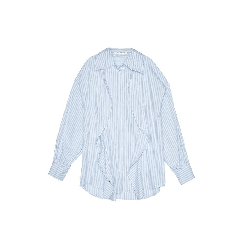 Striped Overshirt With Curved Placket &amp; Layered Designshirts