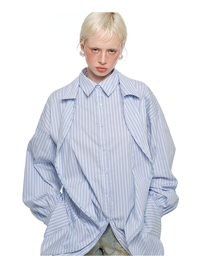 Striped Overshirt With Curved Placket &amp; Layered Designshirts