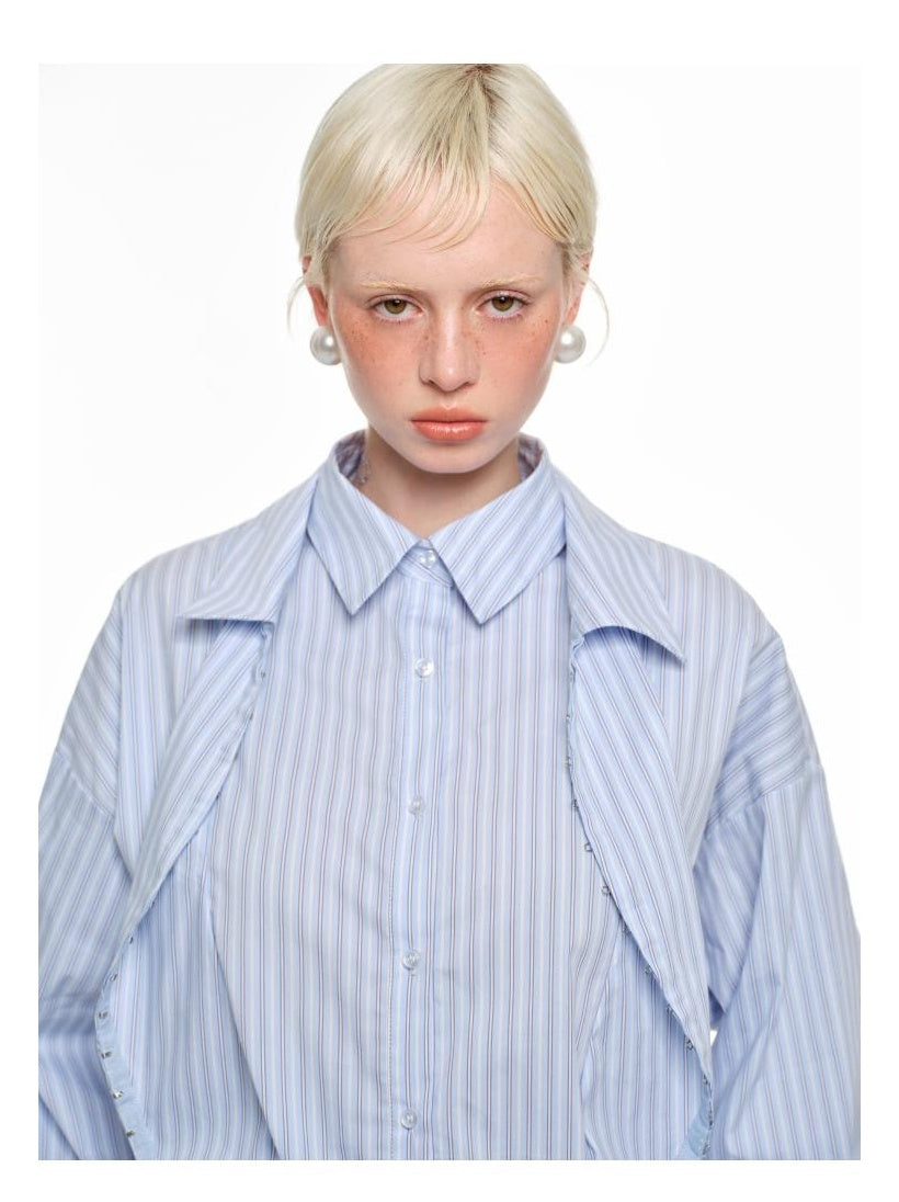 Striped Overshirt With Curved Placket &amp; Layered Designshirts