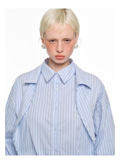 Striped Overshirt With Curved Placket &amp; Layered Designshirts