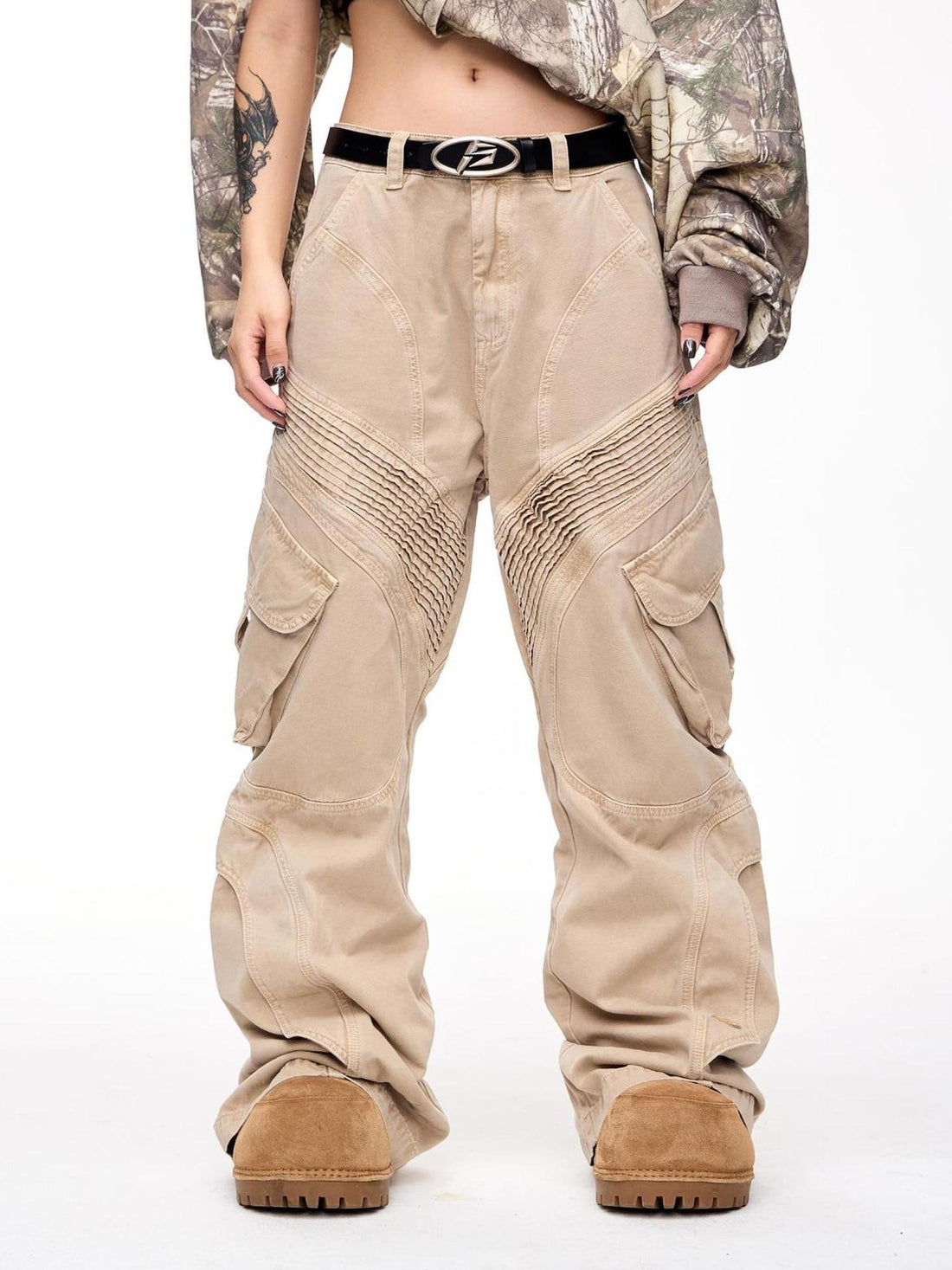 Peoplesense Structured Pleated Wide Leg Cargo Pants Vintage Wash