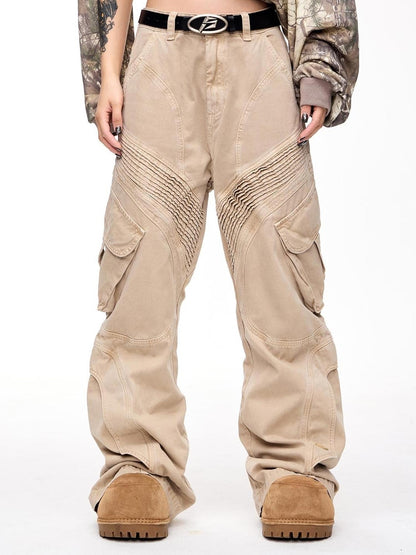 Peoplesense Structured Pleated Wide Leg Cargo Pants Vintage Wash