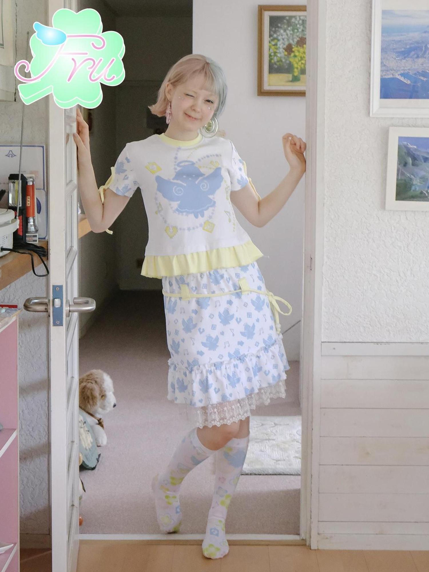 Frufru Gulu Summer Angel Cotton Print Skirt White Loose Fit