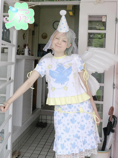 Frufru Gulu Summer Angel Cotton Print Skirt White Loose Fit