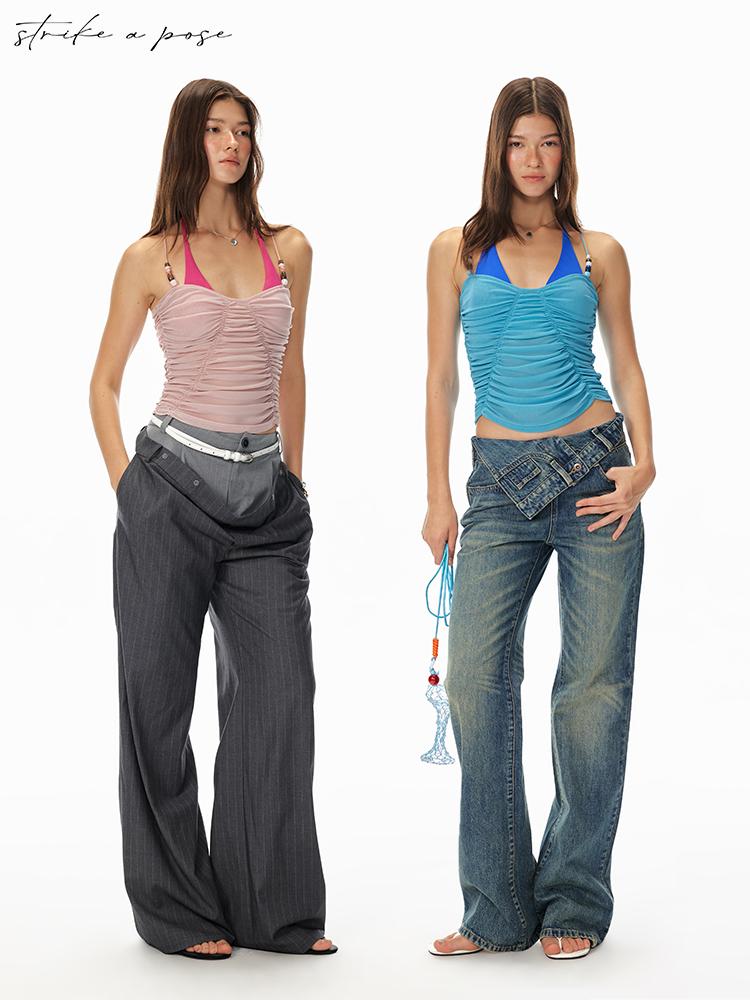 STRIKE A POSE Summer Beaded Butterfly Neck Halter Ruffled Sleeveless Top Women