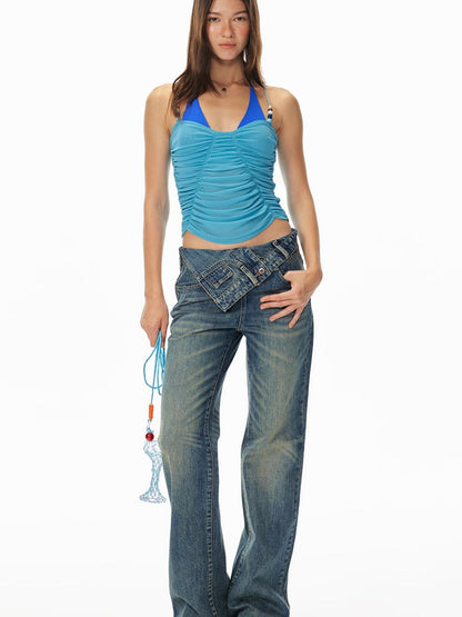 Sommer Perlen Schmetterling Neck Halter Rüschen Ärmelloses Top Frauen 