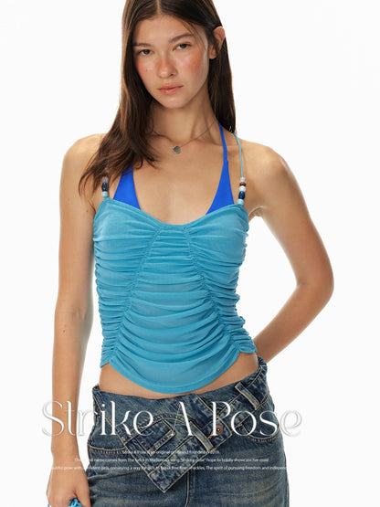 STRIKE A POSE Summer Beaded Butterfly Neck Halter Ruffled Sleeveless Top Women