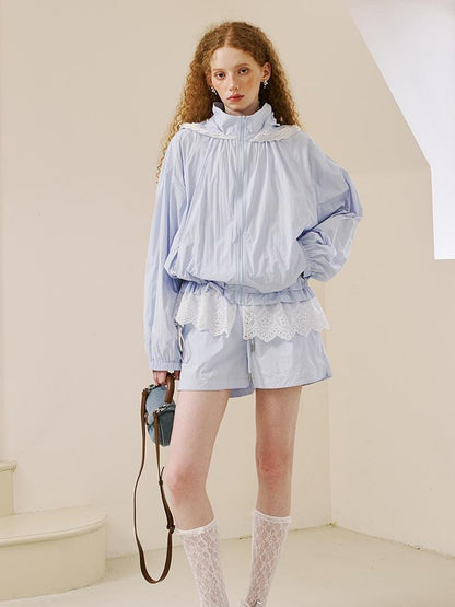 DIDDI MODA Summer Breeze Lace Trim Sun Protection Hoodie Shorts Set