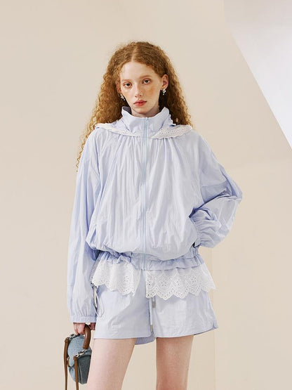 DIDDI MODA Summer Breeze Lace Trim Sun Protection Hoodie Shorts Set