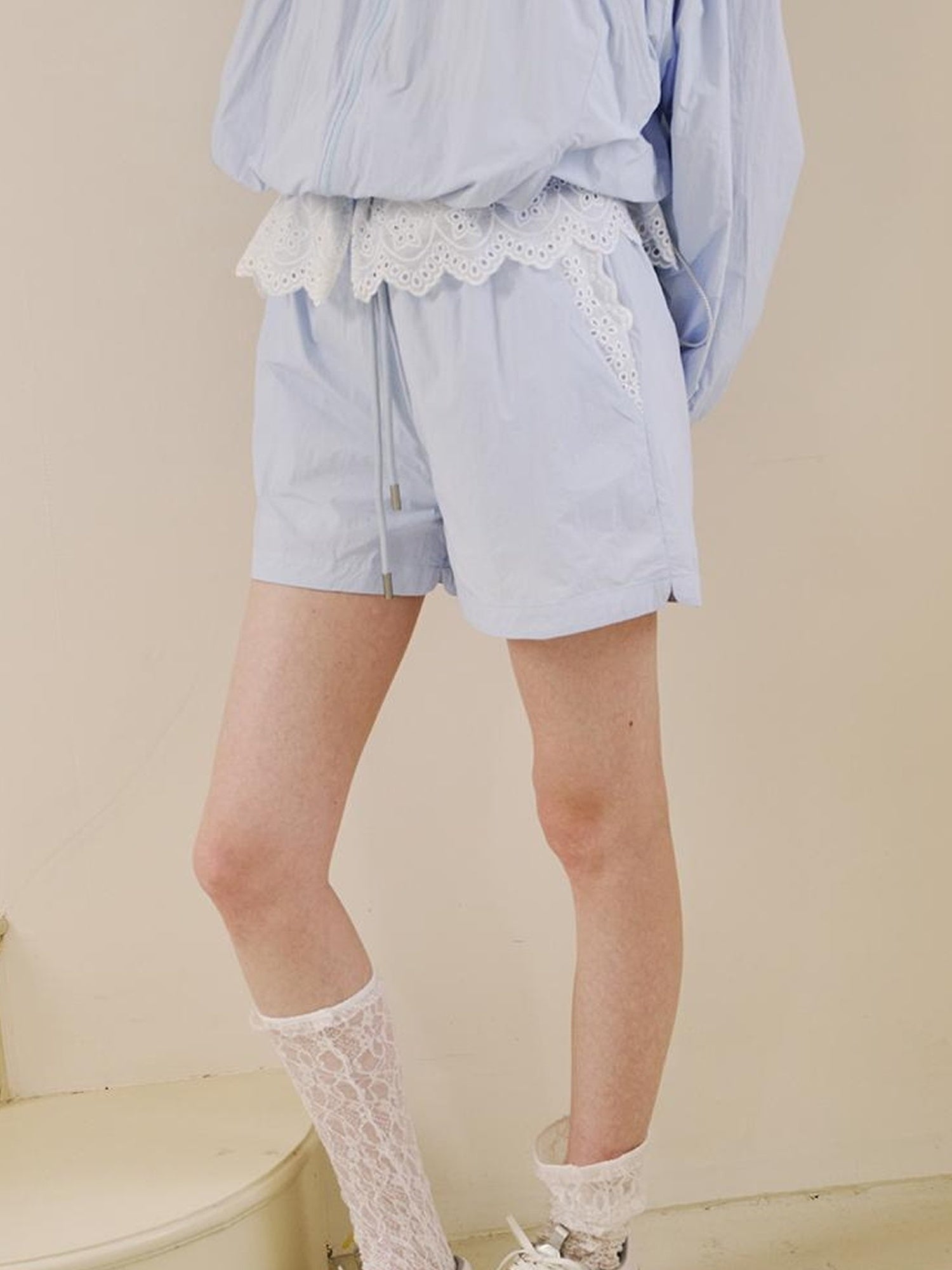 DIDDI MODA Summer Breeze Lace Trim Sun Protection Hoodie Shorts Set